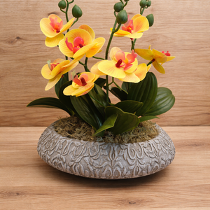 Sárga orchideák kőtálban - otthon & életmód - virágdekoráció - virágdíszek - asztali virágdísz - Meska.hu