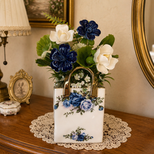 Kék kerámia virágok porcelán táskában - Meska.hu