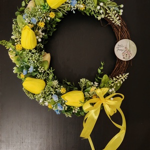 Vidám tavaszi kopogtató sárga tulipánnal, Otthon & Életmód, Dekoráció, Ajtó- és ablak dekoráció, Ajtódísz & Kopogtató, Virágkötés, MESKA