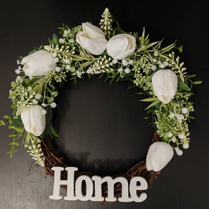 Tavaszi kopogtató fehér tulipánnal, Otthon & Életmód, Dekoráció, Ajtó- és ablak dekoráció, Ajtódísz & Kopogtató, Virágkötés, MESKA