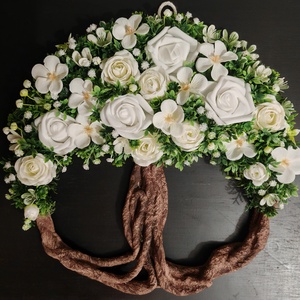 Hófehér virágokkal készült tavaszi Életfa (Tündérfa) kopogtató , Otthon & Életmód, Dekoráció, Ajtó- és ablak dekoráció, Ajtódísz & Kopogtató, Decoupage, transzfer és szalvétatechnika, Virágkötés, MESKA