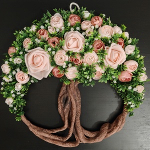 Rózsaszín virágokkal készült tavaszi Életfa (Tündérfa) kopogtató , Otthon & Életmód, Dekoráció, Ajtó- és ablak dekoráció, Ajtódísz & Kopogtató, Decoupage, transzfer és szalvétatechnika, Virágkötés, MESKA