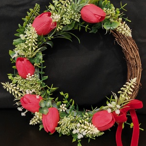 Tavaszi ajtódísz piros tulipánnal, Otthon & Életmód, Dekoráció, Ajtó- és ablak dekoráció, Ajtódísz & Kopogtató, Virágkötés, MESKA