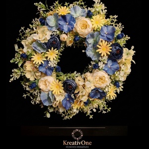 Tavaszi ajtódísz kék és sárga virágokkal - Meska.hu