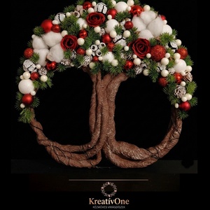 Karácsonyi Életfa (Tündérfa) kopogtató , Karácsony, Karácsonyi lakásdekoráció, Karácsonyi ajtódíszek, Decoupage, transzfer és szalvétatechnika, Virágkötés, MESKA