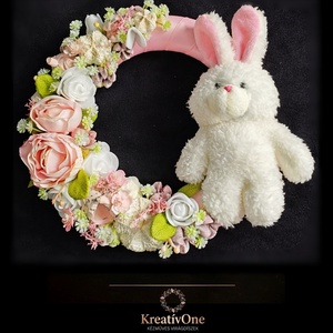 Nyuszis rózsaszín kopogtató, Otthon & Életmód, Dekoráció, Ajtó- és ablak dekoráció, Ajtódísz & Kopogtató, Virágkötés, MESKA