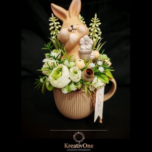 Nyuszis asztali dísz , Ünnepi díszek, dekorációk, Húsvéti díszek és dekorációk, Húsvéti virágos díszek, Virágkötés, MESKA