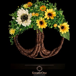 Napraforgós Életfa (Tündérfa) kopogtató , Otthon & Életmód, Dekoráció, Ajtó- és ablak dekoráció, Ajtódísz & Kopogtató, Decoupage, transzfer és szalvétatechnika, Virágkötés, MESKA