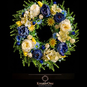 Kék-sárga virágos ajtódísz  - Meska.hu