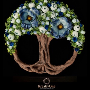 Kék virágos életfa ajtódísz, Otthon & Életmód, Dekoráció, Ajtó- és ablak dekoráció, Ajtódísz & Kopogtató, Decoupage, transzfer és szalvétatechnika, Virágkötés, MESKA