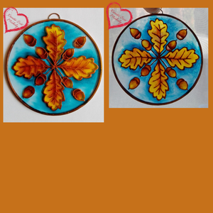 Őszi tölgyfalevél-makkal-/Mini üvegkép/10 cm, Művészet, Festmény, Üvegfestmény, Üvegművészet, Festészet, MESKA