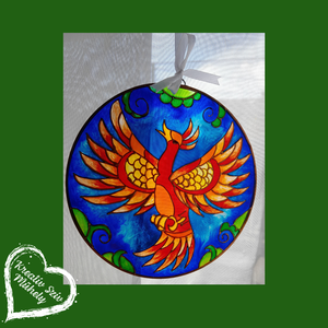 Főnixmadár-Mini üvegképek-15 cm - művészet - festmény - üvegfestmény - Meska.hu