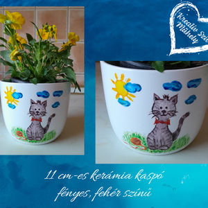 Kaspó macskás ábrázolással -ajándék, Otthon & Életmód, Virágdekoráció, Virágtartó, Kaspó, Festett tárgyak, Festészet, MESKA
