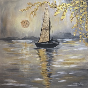 Golden Sail at Dusk, Művészet, Festmény, Akril, Festészet, Festett tárgyak, MESKA