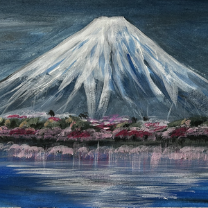 Fuji a cseresznyevirágzás idején, Művészet, Festmény, Akril, Festészet, Festett tárgyak, MESKA