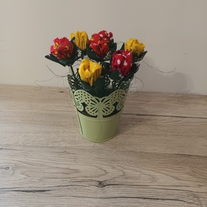 Textil virágok zöld vödörben - Meska.hu
