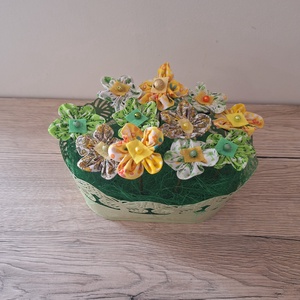 Textil virágok vödörben - otthon & életmód - dekoráció - asztal és polc dekoráció - dekorációs tál, tartó - Meska.hu