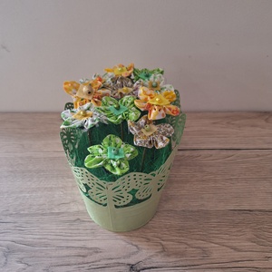 Textil virágok vödörben - otthon & életmód - dekoráció - asztal és polc dekoráció - dekorációs tál, tartó - Meska.hu