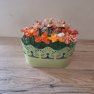 Textil virágok vödörben - otthon & életmód - dekoráció - asztal és polc dekoráció - dekorációs tál, tartó - Meska.hu