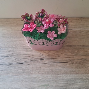 Textil virágok vödörben - otthon & életmód - dekoráció - asztal és polc dekoráció - dekorációs tál, tartó - Meska.hu