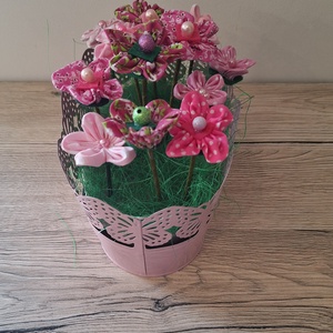 Textil virágok vödörben, Otthon & Életmód, Dekoráció, Asztal és polc dekoráció, Dekorációs tál, tartó, , Nagyon szép dísze az asztalnak ez a stílusos textilvirágcsokor vödörben. Akár Anyák napjára vagy ba..., MESKA