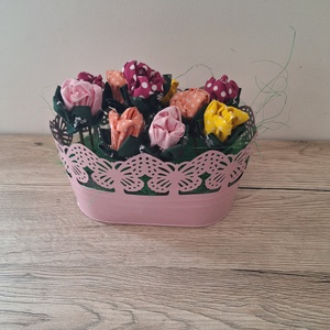 Textil rózsák vödörben - otthon & életmód - dekoráció - asztal és polc dekoráció - dekorációs tál, tartó - Meska.hu