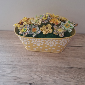 Textil virágok sárga kaspóban - otthon & életmód - dekoráció - asztal és polc dekoráció - dekorációs tál, tartó - Meska.hu