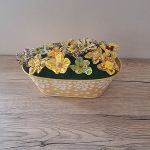 Textil virágok sárga kaspóban - otthon & életmód - dekoráció - asztal és polc dekoráció - dekorációs tál, tartó - Meska.hu