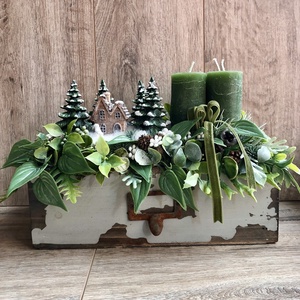 Karácsonyfás-házikós zöld adventi asztaldísz - Meska.hu