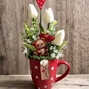 Macis-tulipános anyák napi bögrés dekoráció, Otthon & Életmód, Dekoráció, Asztal és polc dekoráció, Asztaldísz, Virágkötés, MESKA