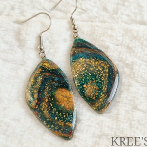 Türkiz-arany, üveghatású fülbevaló, Ékszer, Fülbevaló, Lógó fülbevaló, Gyurma, MESKA