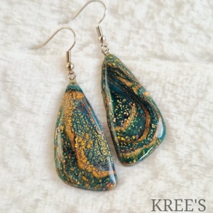 Türkiz-arany, üveghatású fülbevaló, Ékszer, Fülbevaló, Lógó fülbevaló, Gyurma, MESKA