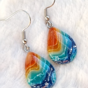 Türkiz-borostyán üveghatású csepp  fülbevaló, Ékszer, Fülbevaló, Lógó fülbevaló, Gyurma, MESKA