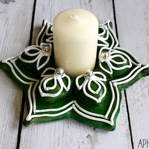 Mézeskalács gyertyatartó zöld-fehér , Otthon & Életmód, Gyertya, illat, aroma, Gyertya, Mézeskalácssütés, MESKA