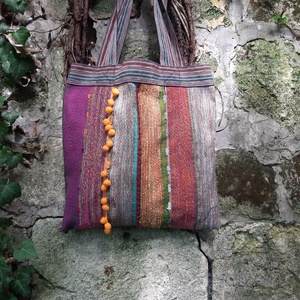 Szalagfüles pakolós vidám pomponokkal - táska & tok - bevásárlás & shopper táska - shopper, textiltáska, szatyor - Meska.hu