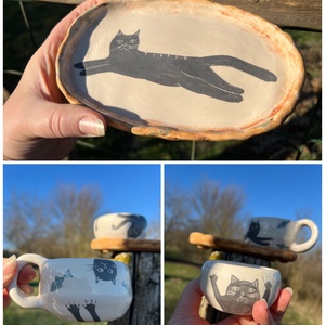 Cicás kerámia szett � nyújtózó macskával és meghitt, játékos pillanatokkal - otthon & életmód - konyhafelszerelés, tálalás - tálalás - teás- és kávés pohár, készlet - Meska.hu