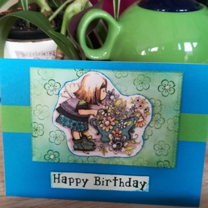 Kislány virágcsokorral - Happy Birthday 1 db képeslap - Meska.hu