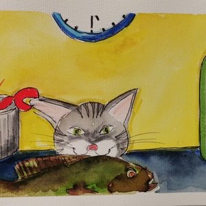 Rosszcsont cica, Művészet, Festmény, Akvarell, Festészet, MESKA