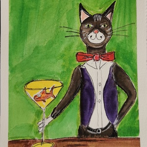 Gengszter macska, Művészet, Festmény, Akvarell, Festészet, MESKA
