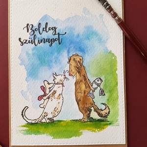 Képeslap, kutya macska barátság - Meska.hu