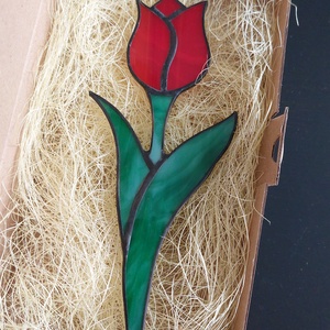 Tulipán, Tiffany technikával készült üveg virág (piros), Otthon & Lakás, Dekoráció, Ajtó- és ablak dekoráció, Ablakdísz, Üvegművészet, MESKA