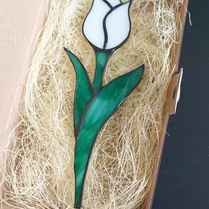 Tulipán, Tiffany technikával készült üveg virág (fehér) - otthon & életmód - dekoráció - asztal és polc dekoráció - díszüveg - Meska.hu