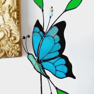 Pillangó üvegdísz Tiffany technikával virágok közé tehető (kék, zöld), Otthon & Lakás, Dekoráció, Virágdísz és tartó, Csokor & Virágdísz, Üvegművészet, MESKA
