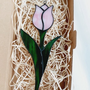 Tulipán, Tiffany technikával készült üveg virág (rózsaszín), Otthon & Lakás, Dekoráció, Fali és függő dekoráció, Függődísz, Üvegművészet, MESKA
