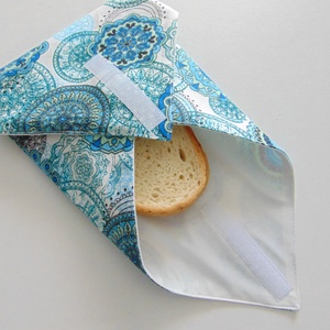 Újraszalvéta- türkizkék mandala mintás/ szendvics csomagoló, nowaste, textil szalvéta - táska & tok - uzsonna- & ebéd tartó - szendvics csomagoló - Meska.hu