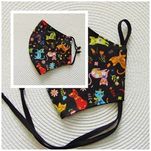 Fekete-virágos cica mintás  szájmaszk (18 cm magas)  / textil szájmaszk, többször használható szájmaszk - női - női - Meska.hu