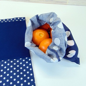 Pamut textil zsák (2 db/cs) / sötétkék pöttyös / bevásárló tasak, tároló zsák - táska & tok - bevásárlás & shopper táska - zöldség/gyümölcs zsák - Meska.hu