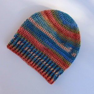 Farmerkék-terrakotta-bézs színű slouchy fazonú női sapka /  horgolt sapka  - ruha & divat - sál, sapka, kendő - sapka - Meska.hu