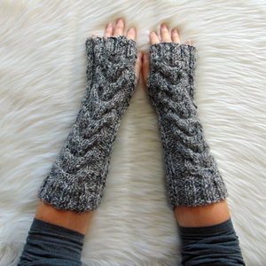 Szürke melír - karmelegítő S - M / csavart mintás, puha, meleg karmelegítő / ujjatlan kesztyű - ruha & divat - sál, sapka, kendő - kesztyű - Meska.hu