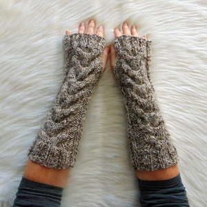 Bézs melír - karmelegítő S - M / csavart mintás, puha, meleg karmelegítő / ujjatlan kesztyű - ruha & divat - sál, sapka, kendő - kesztyű - Meska.hu